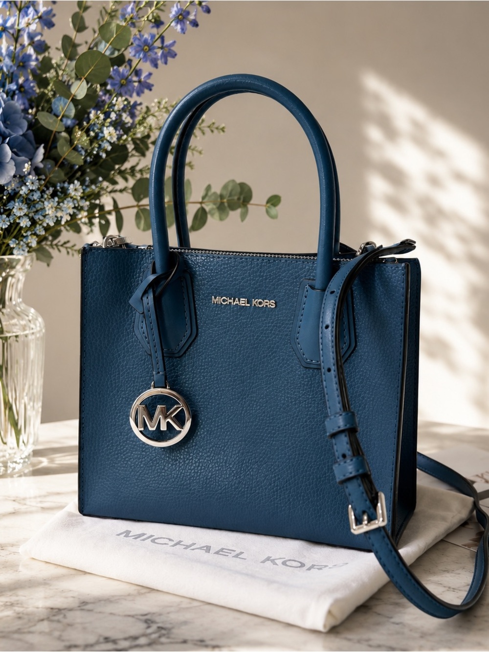 Michael Kors Teal Blue Leather Satchel with MK Charm